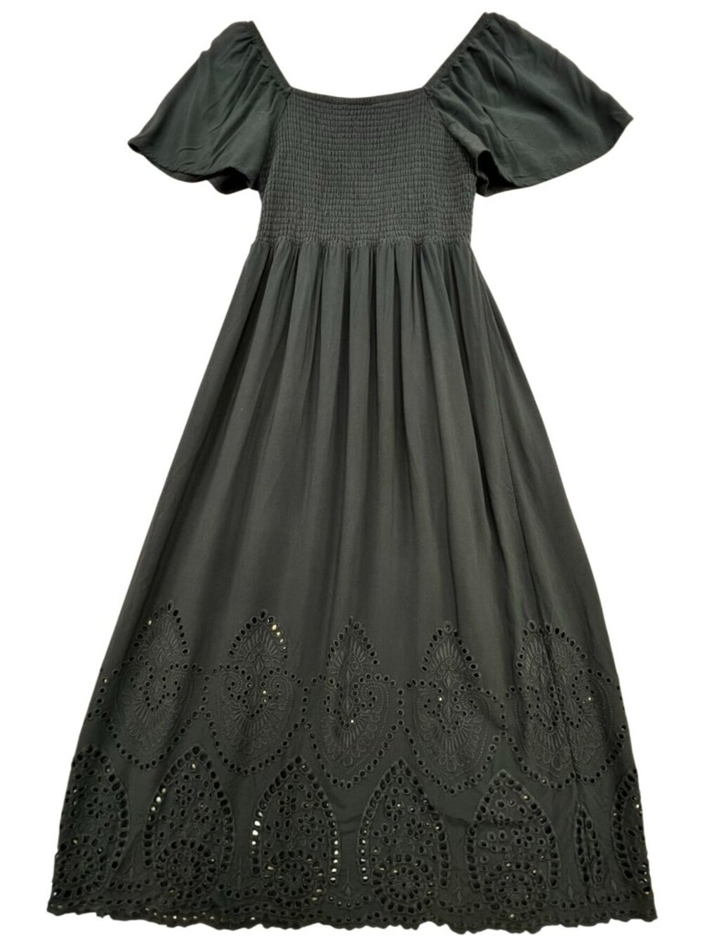 Women's Eyelet Hem Smocked Cottagecore Midi Dress Short Sleeve Size M Navy